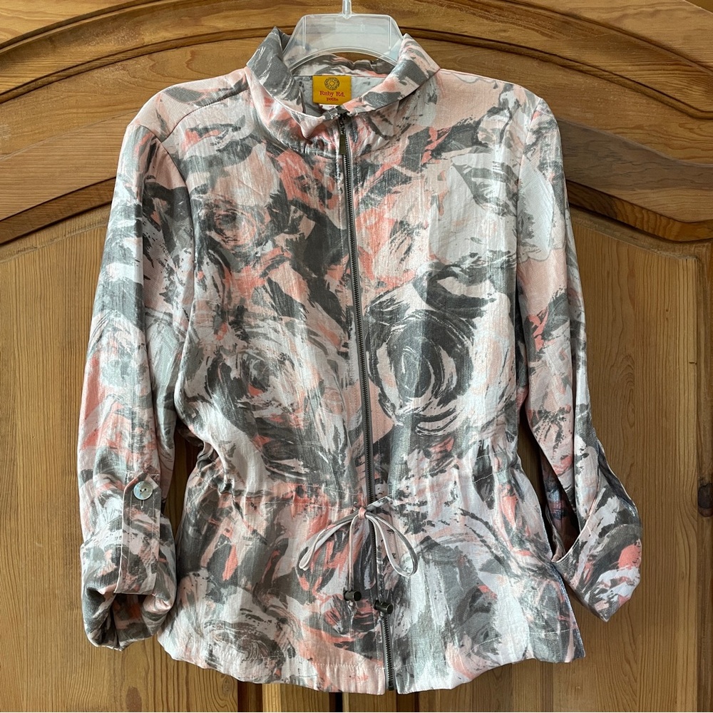 Womens Ruby Rd White Gray Pink Jacket 16P Champagne Swirl Zip Up Shirt Top